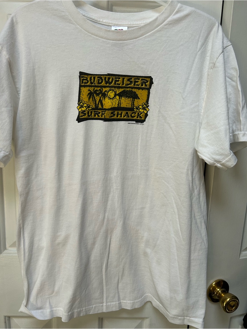 Fruit of the Loom White T-Shirt w/Yellow & Black Graphic “Budweiser Surf Shack”